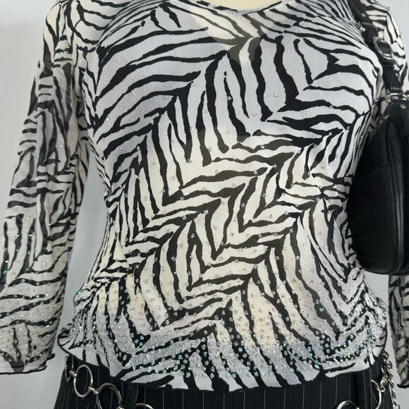 Y2K Zebra Print Sheer Mesh Glitter V-Neck Top Shirt Size Large Express - Picture 3 of 6